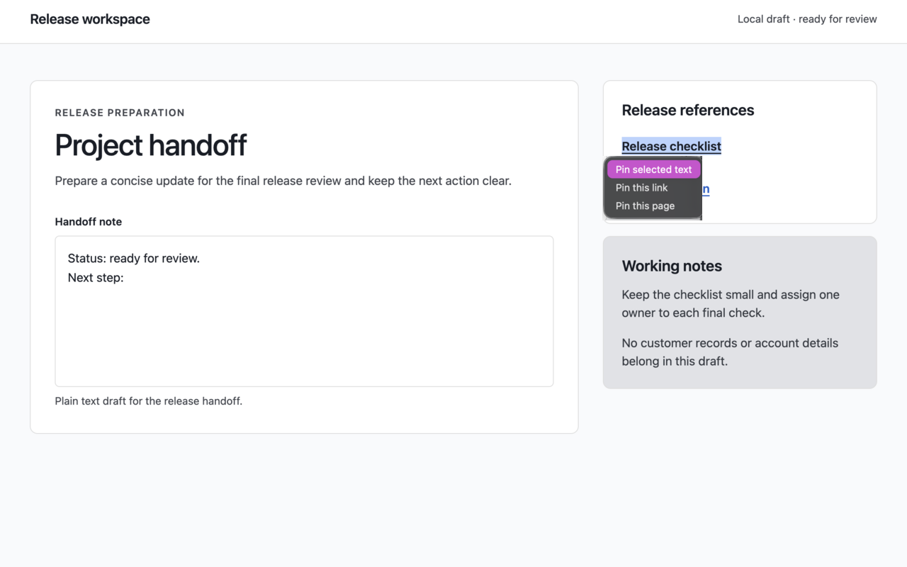 Pin Things capture menu beside selected Release checklist text with actions to pin text, link, or page.