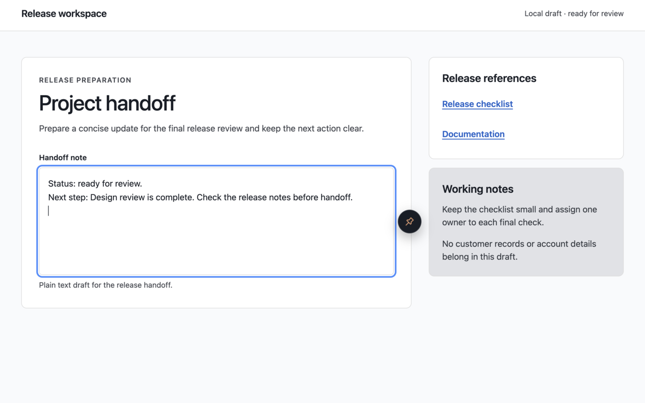 Release handoff field after Pin Things inserted the Project handoff text at the caret.